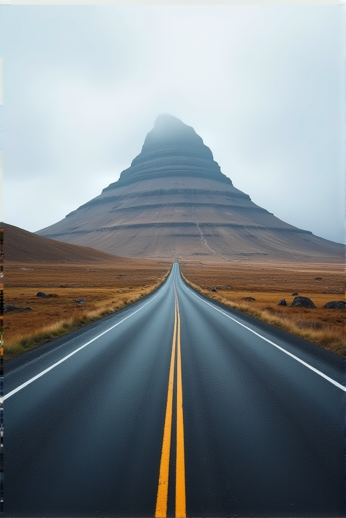 A straight road leads to a tall, fog-covered mountain under a cloudy sky.