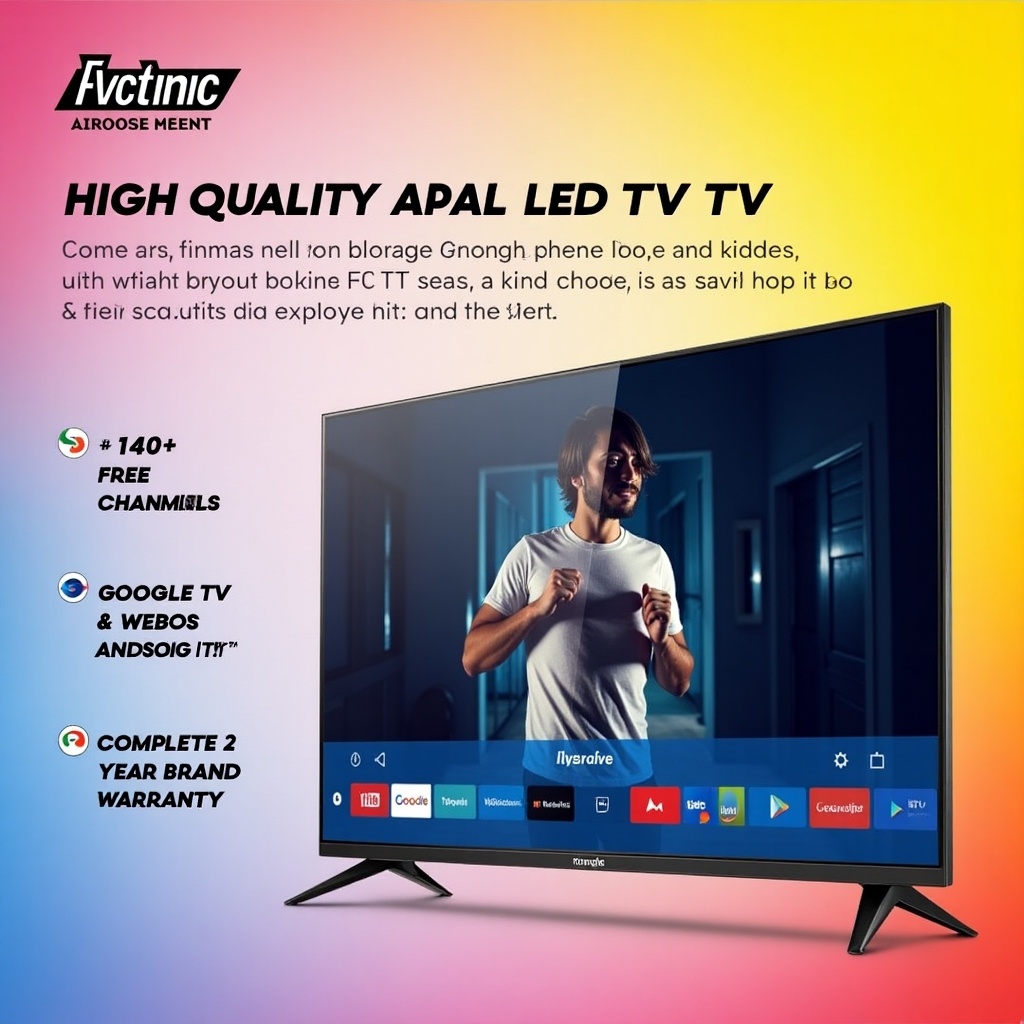 This image showcases a high-quality LED TV in vibrant colors. The TV is prominently displayed with a user engaging with the interface. Key features like '140 Free Channels', 'Google TV & WebOS Android TV', and 'Complete 2 Year Brand Warranty' are highlighted for consumer attention. The background is simple yet elegant, drawing focus to the product. The logo of the brand is visible on the TV screen, reinforcing brand identity. The overall design is eye-catching, aiming to attract potential customers on social media platforms.