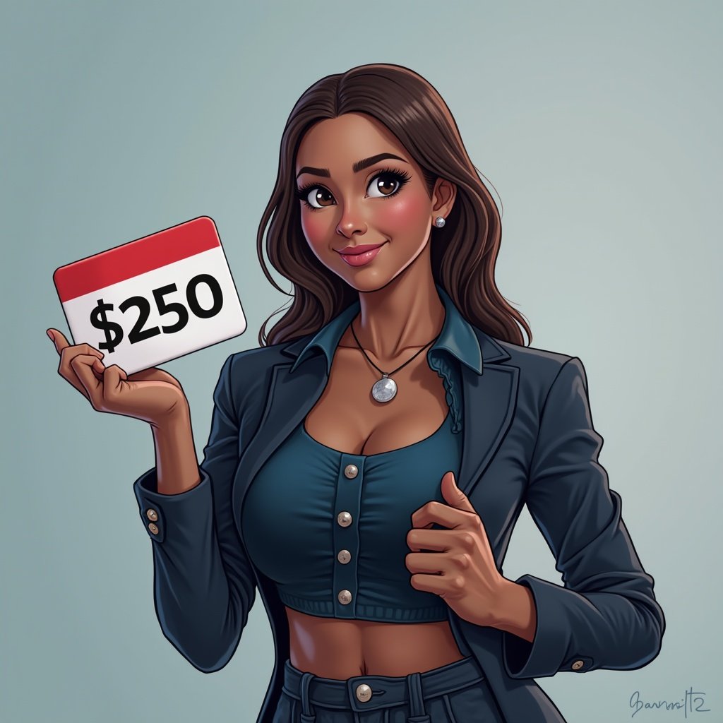 Create a visual representation of a $250 payment proof using a digital style. Show a woman confidently holding a payment receipt with a thumbs-up gesture. Maintain a professional appearance with a modern background.