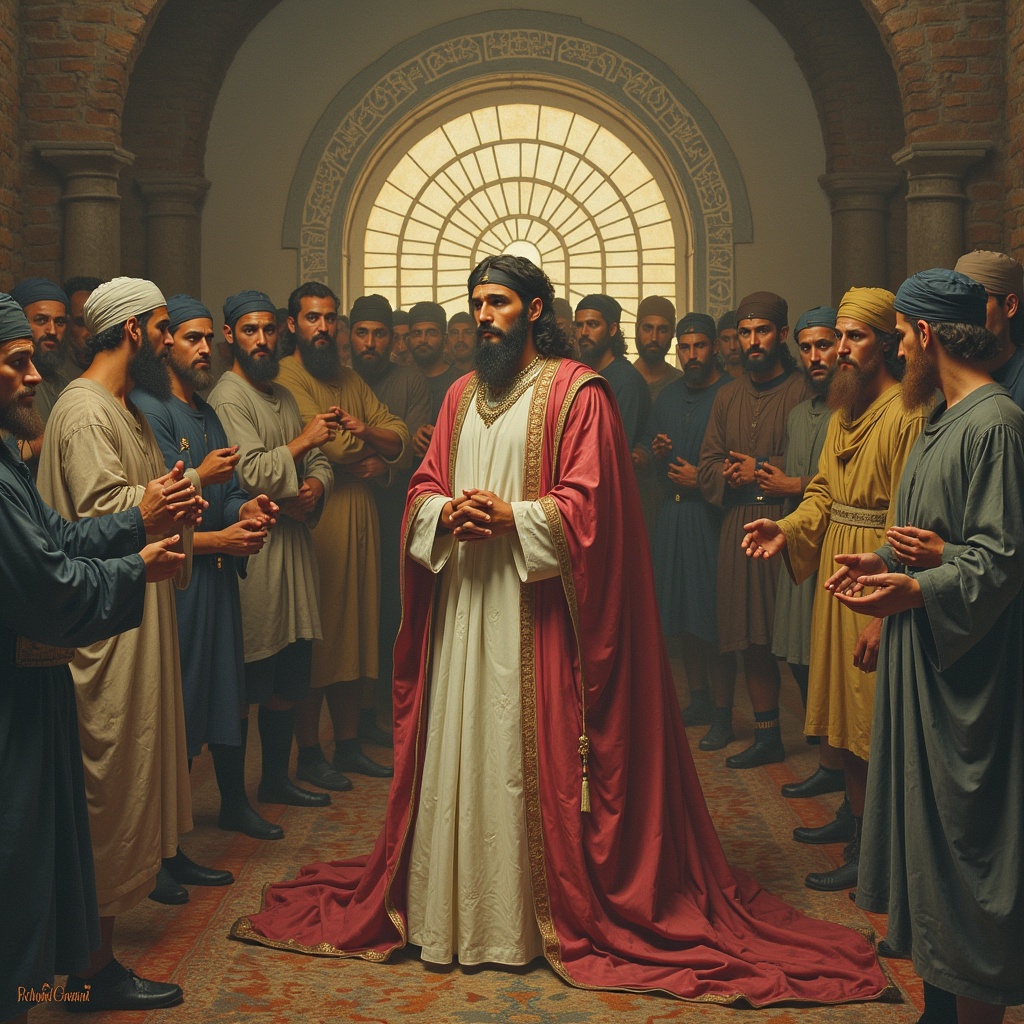 The image depicts a central figure in white and red robes standing confidently among a group of followers. The followers are dressed in various muted colors, suggesting a sense of humility and respect. The setting features warm lighting that casts a soft glow, enhancing the solemn atmosphere. The background showcases an architectural arch with intricate designs, typical of historical religious sites. This gathering represents a moment of teaching and spiritual leadership.