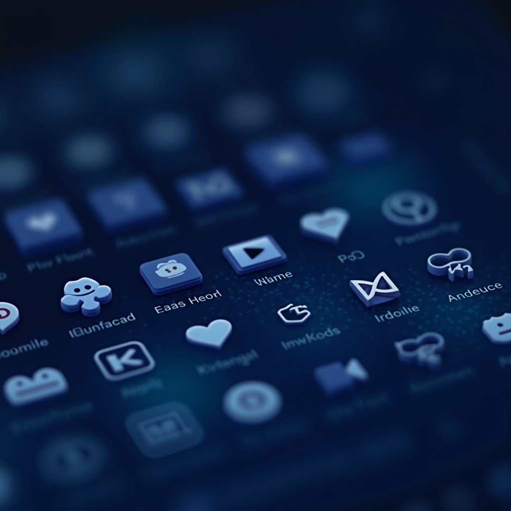 A blurred, enigmatic smartphone interface featuring icons and logos with unclear, fictional text.