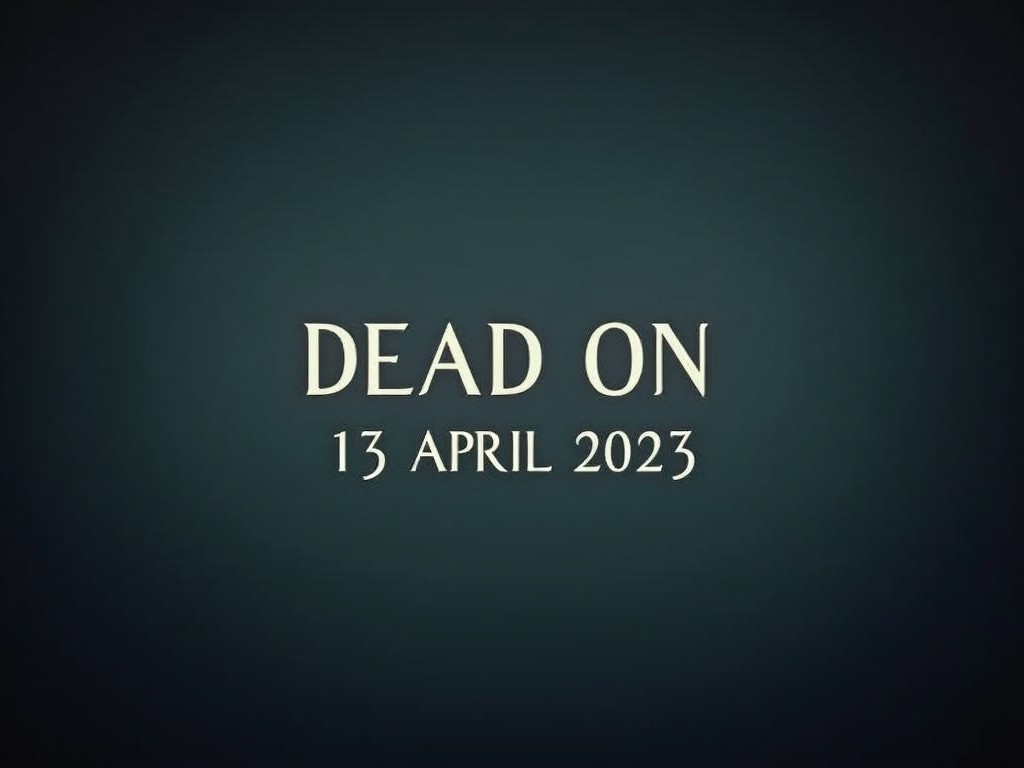 The image has a dark and moody background emphasizing a title. The text 'DEAD ON' is prominently displayed, suggesting a theme of suspense or horror. Below the title, the date '13 APRIL 2023' indicates a release or important event date. The overall design evokes a sense of intrigue. The color palette is limited to dark tones, creating an atmospheric tension.