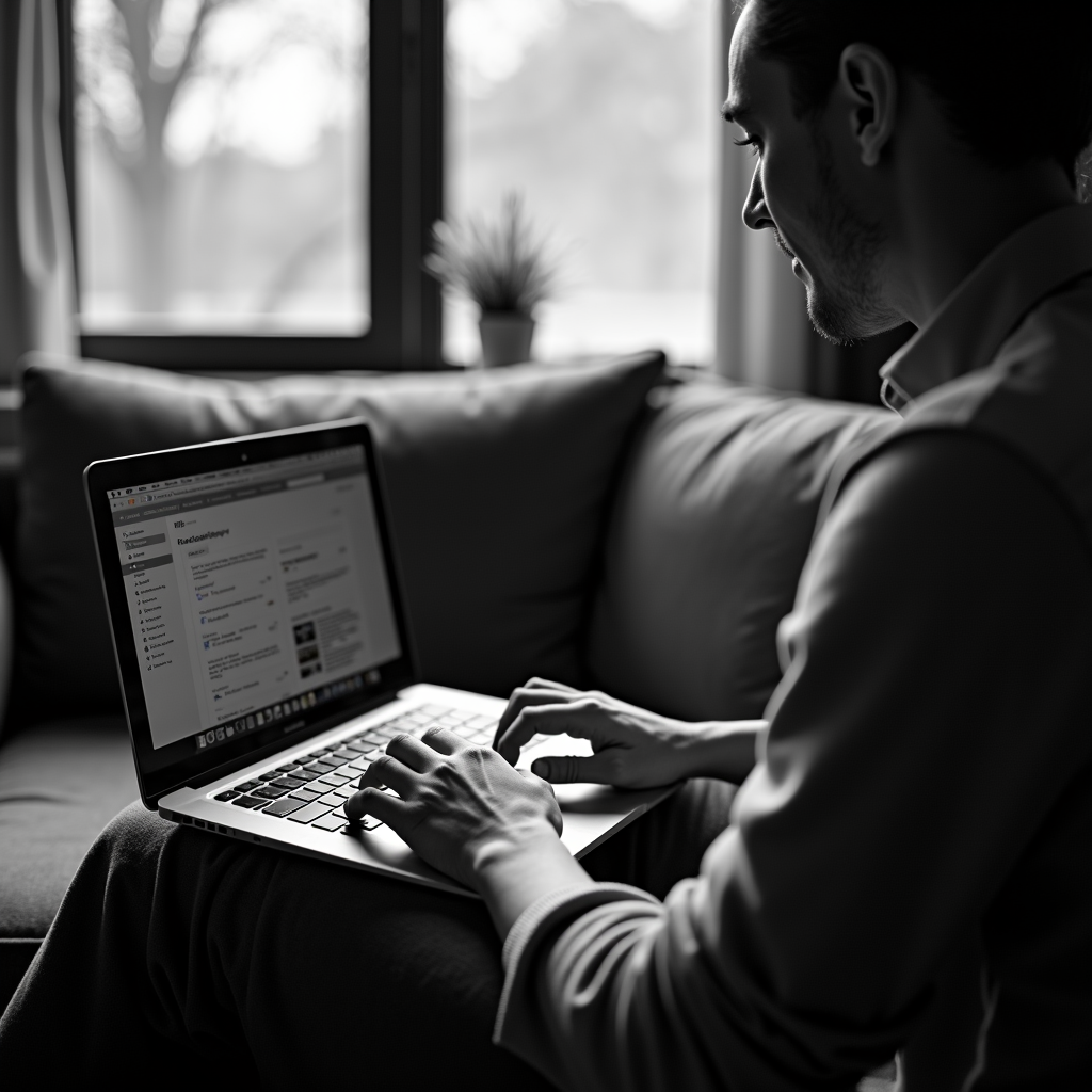 A person types intently on a laptop while sitting on a sofa in a softly lit room.