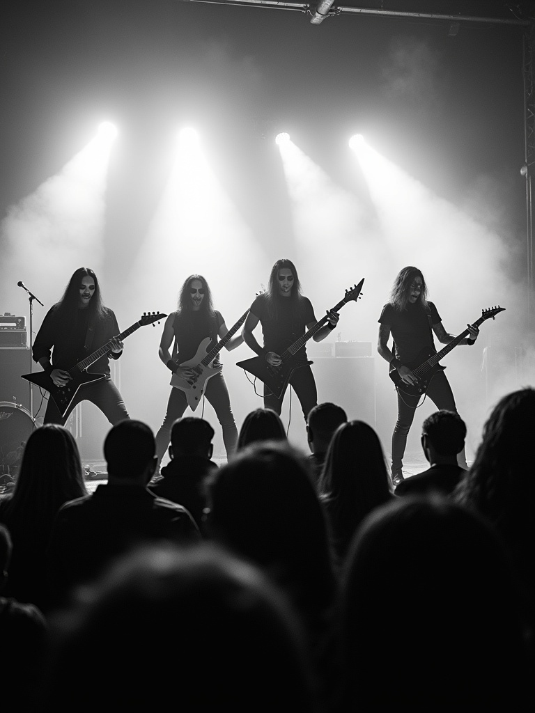 A dramatic black and white image shows musicians on stage with electric guitars. They wear corpse paint typical of black metal bands. Enthusiastic audience faces the performers. Lighting and smoke create an eerie atmosphere. The band members exhibit unity during their performance.