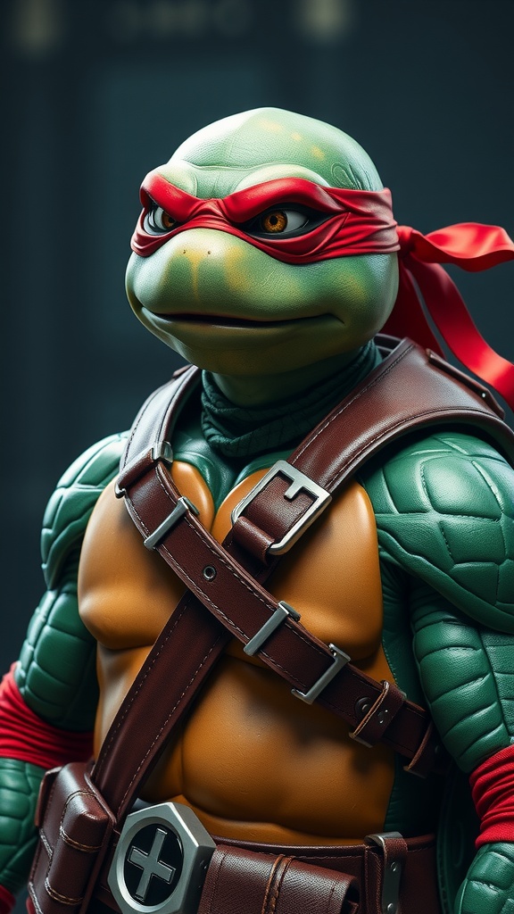 A realistic digital rendering of a humanoid turtle character wearing a red bandana and brown leather gear. The character displays a strong and confident demeanor, with detailed textures on its green skin and shell. The lighting highlights the sculpted muscles and leather straps, giving the impression of a well-equipped warrior ready for action.