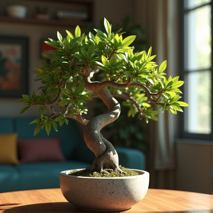 A bonsai tree with twisting branches sits gracefully in a light-filled room.