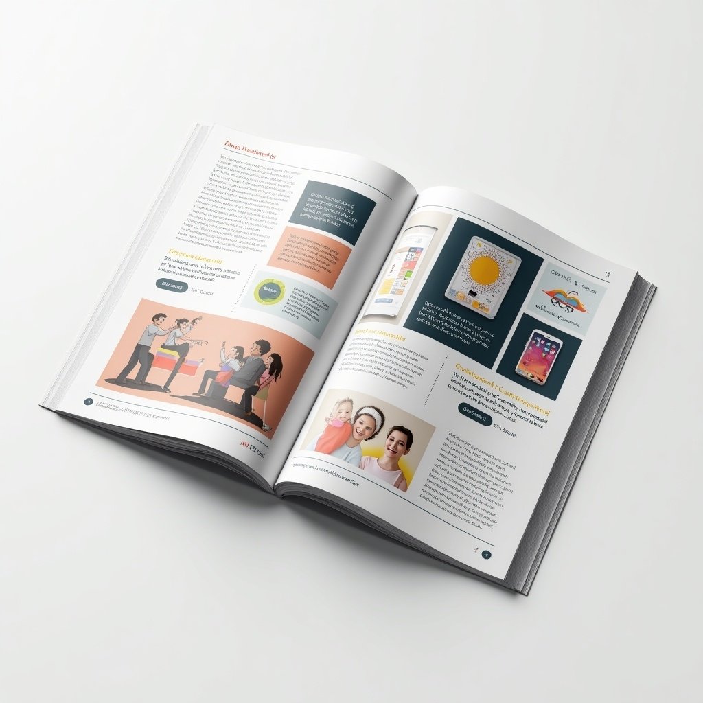 Open print material featuring illustrations and text. Colorful graphics and advertisements for print on demand services. Clean layout emphasizing clarity and design. Main focus on 'Nadi You' advertisement showcasing creative marketing.