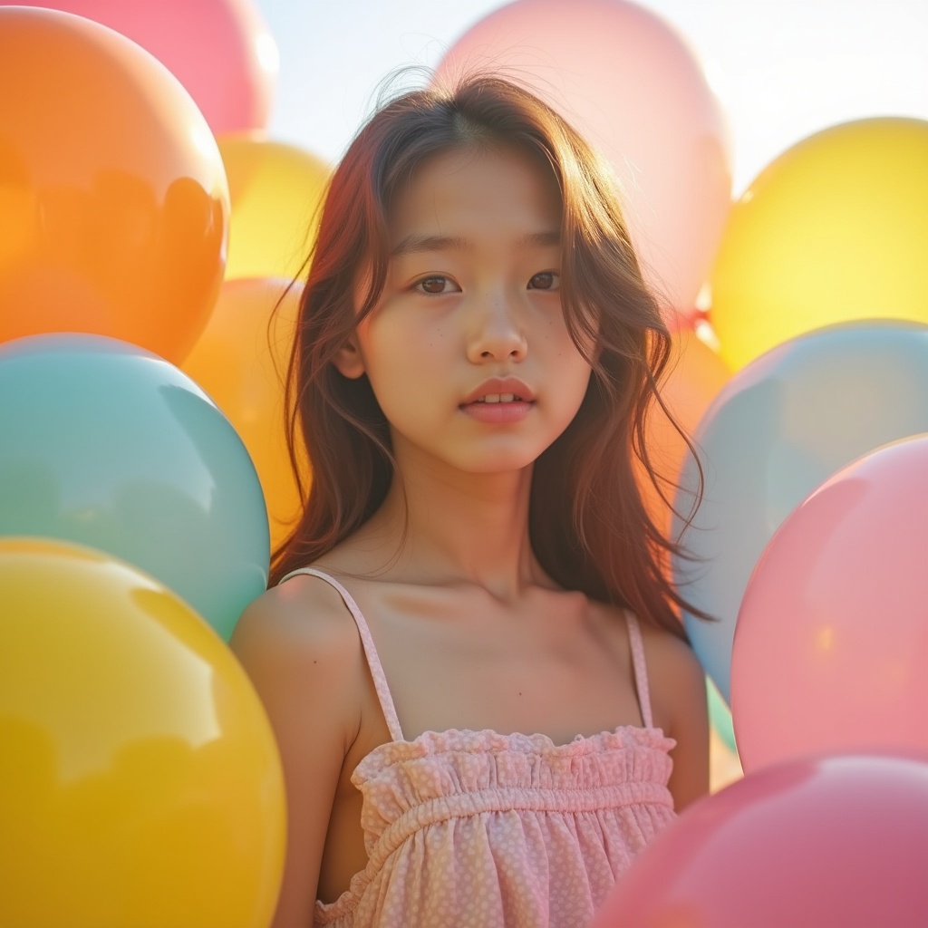 Real-life photography of a teenage woman wearing summer clothes surrounded by colorful balloons. Bright sunlight creates a cheerful ambiance. Features soft reflections from the pastel balloons.