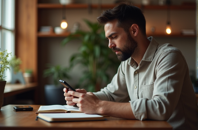 A person is sitting at a table with a notebook and using a smartphone in a cozy, warmly-lit café.