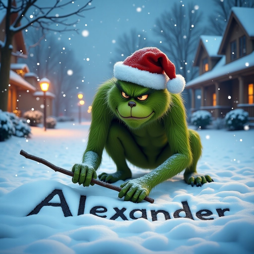 Realistic winter scene depicting the Grinch wearing a Santa hat with a grumpy expression. The Grinch is crouching and writing 'Alexander' in the snow with a stick, surrounded by snowflakes. Background features snow-covered roads and houses with festive lights.