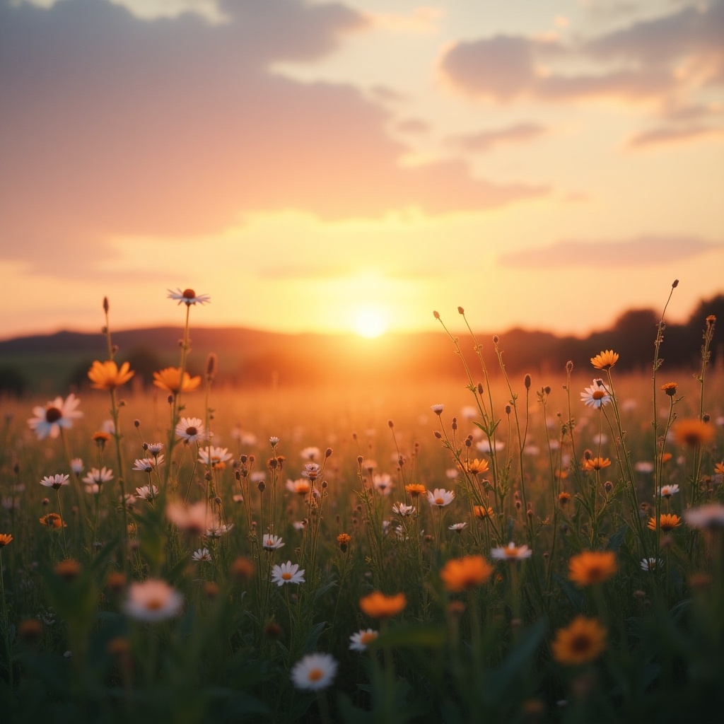 A field of wildflowers during sunset. Bright flowers in various colors under a warm, glowing sky as the sun sets on the horizon.