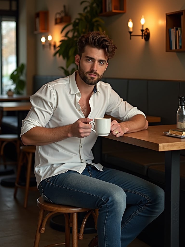 A man sits at a café. He holds a coffee cup in his hand. The atmosphere is warm with dim lighting. He has an athletic build and wears a white shirt and jeans. Plants and books decorate the background. The image is styled realistically with dramatic shadows.