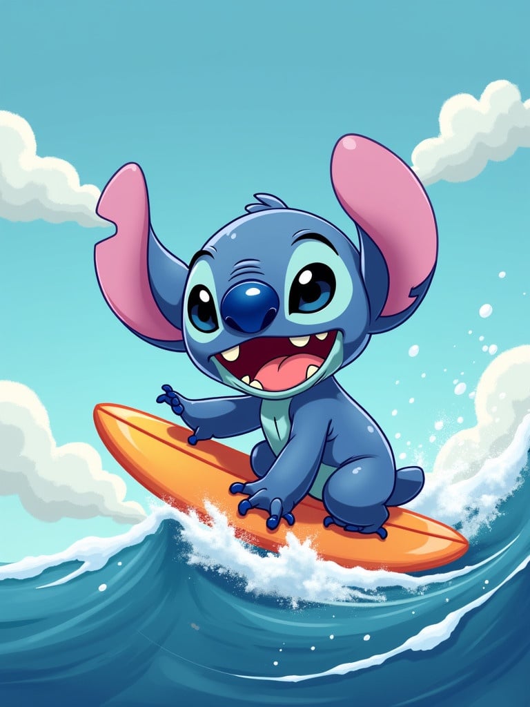 Cartoon character Stitch on a surfboard riding a wave. The background features bright blue sky with fluffy clouds. Include a banner saying Happy New Year Amy-Lee.