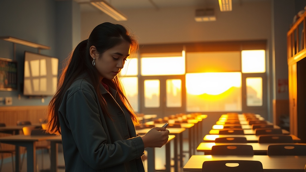 The image captures a solitary woman standing in an empty classroom bathed in the warm glow of a sunset. She gazes thoughtfully at her phone, while light streams softly through large windows, creating an atmosphere of calm reflection and solitude. The empty desks and chairs add to the serene and introspective mood of the scene.