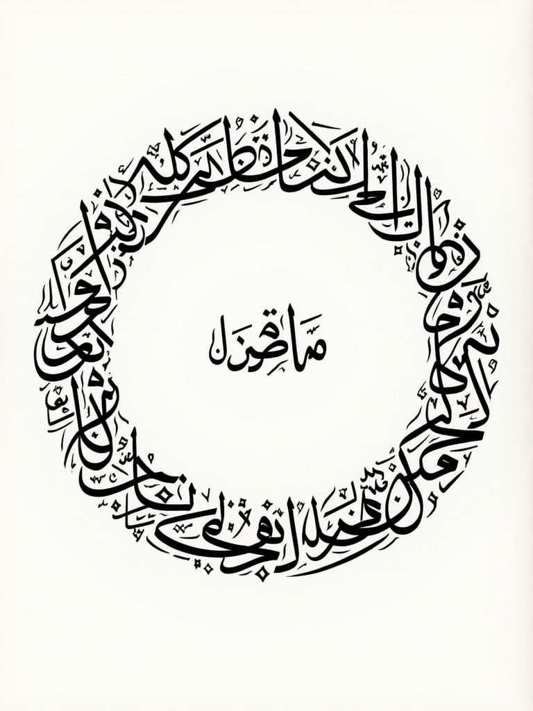 Handwritten Arabic calligraphy forms a circular shape. Design includes name 'إمارة الشعب الإسلامية المتحدة'. Artwork fills entire space.