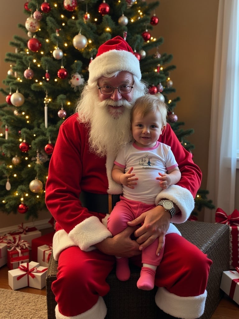 Santa Claus holds a child in front of a Christmas tree. Festively decorated background with gifts. Warm holiday atmosphere.