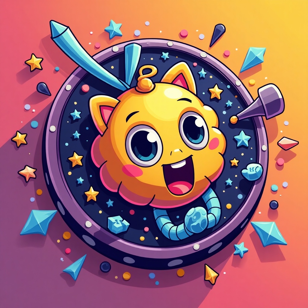 Cartoon character of a cute cat coin in space. Bright yellow color. Surrounded by stars and geometric shapes. Cheerful expression. Playful design.