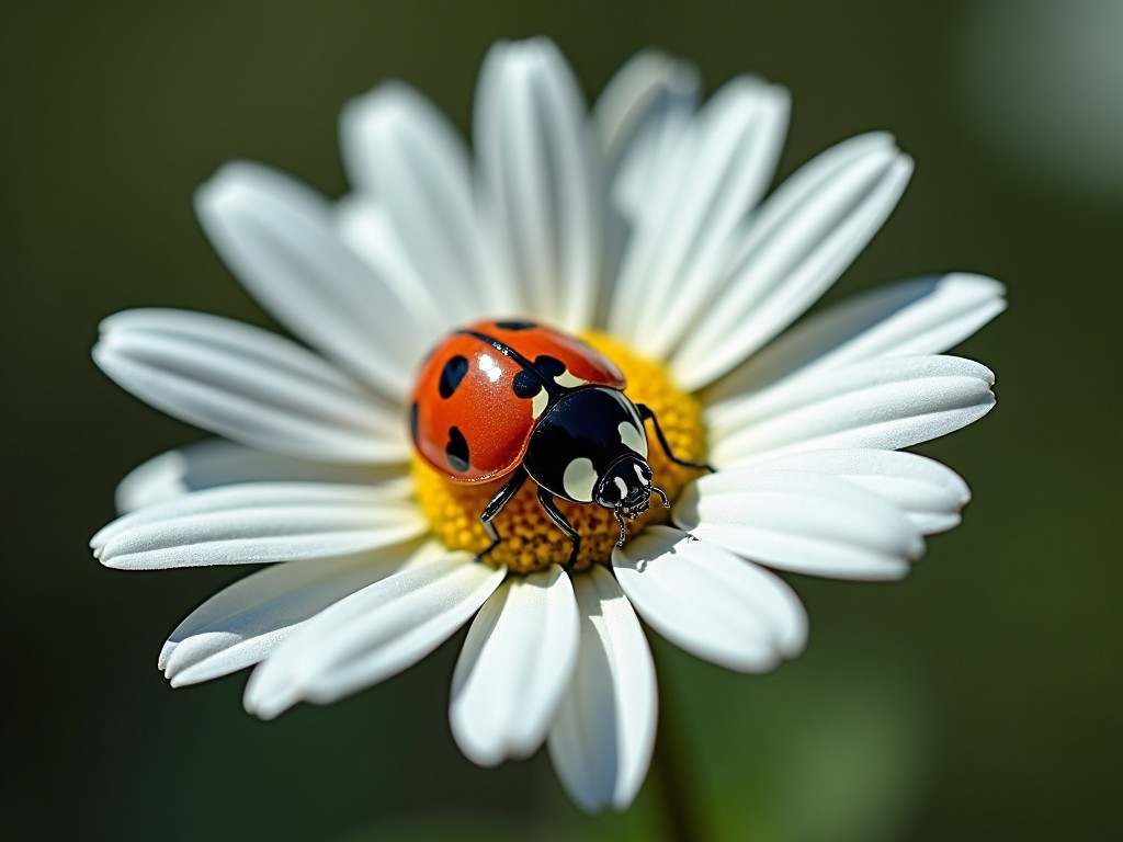 This image beautifully captures a daisy flower with a vibrant ladybug perched on its center. The ladybug, featuring neon-striped wings, contrasts strikingly against the white petals of the daisy. The composition highlights the intricate details of both the flower and the insect. Soft, natural lighting adds depth and dimension, enhancing the realism. This top-down perspective invites viewers to appreciate the delicate beauty of nature.