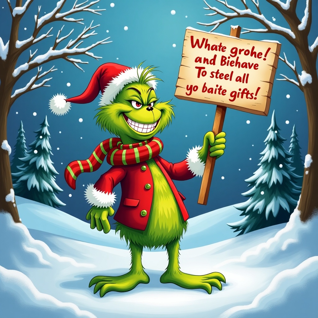 Cartoon Grinch character in a snowy landscape. Character holds a sign with playful warning. Bright colors create cheerful holiday theme. Winter trees surround the scene.