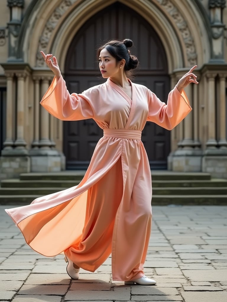 Capture the essence of Baduanjin practice in front of Peterborough Cathedral. The image showcases a Chinese woman in an elegant peach robe performing graceful tai chi movements during an outdoor session. The surroundings include the historic architecture of the cathedral, emphasizing the dual beauty of cultural tradition and natural elegance.