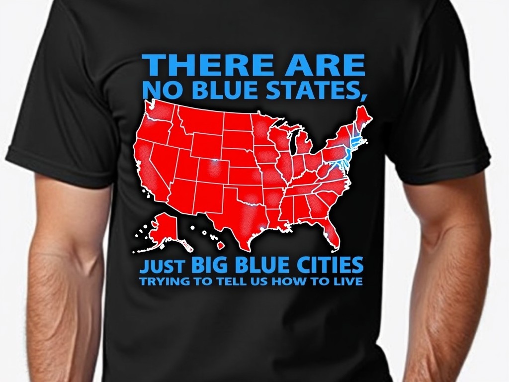 The image features a graphic design on a black shirt. It displays a map of the United States predominantly shaded in red, with some blue areas indicating cities. The text above the map reads, 'There are NO BLUE STATES.' Below the map, it states, 'Just BIG BLUE CITIES Trying to Tell Us How to Live.' The design emphasizes a political theme, focusing on the contrast between urban and rural areas in the U.S. The overall tone appears confrontational and opinionated, aimed at expressing a viewpoint on political divisions.