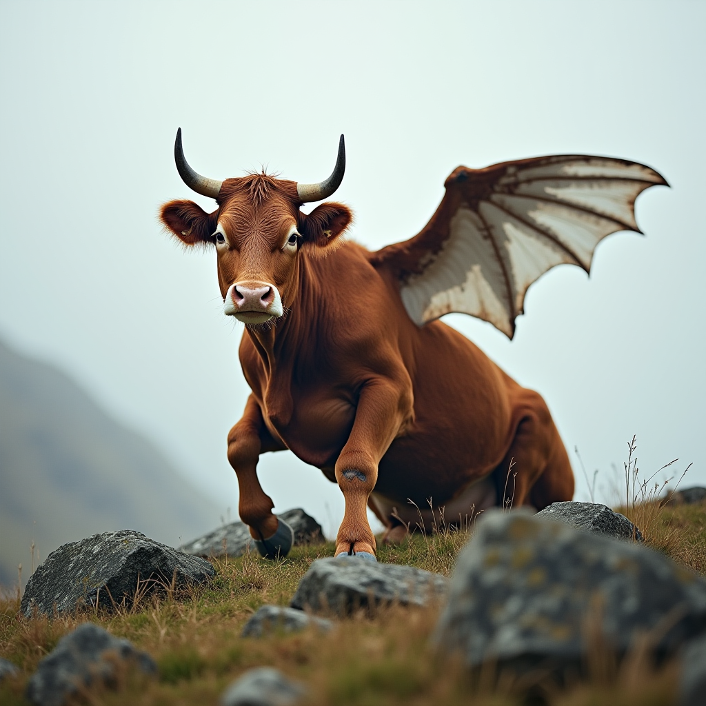 A cow with large bat-like wings stands on a rocky hill.