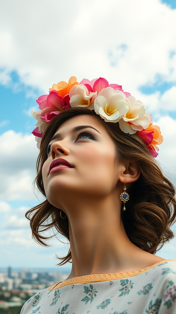 A woman adorned with a vivid flower crown gazes thoughtfully at the sky, framed by a serene backdrop of clouds and distant cityscape.