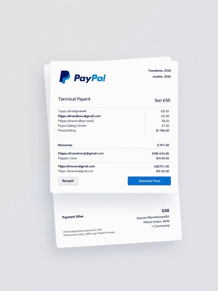 Receipt displays payment details with PayPal branding. Email addresses with transaction amounts visible. Document serves as proof of payment from PayPal. Payment made to filippo with multiple email addresses indicated. Receipt showcases recognizable PayPal design layout. Clarity emphasized with bold text and a simple background. Completed transaction shows £50.