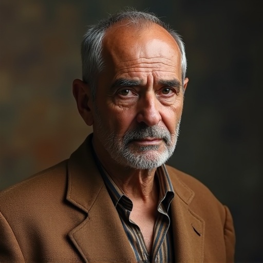 Portrait of a sad man from Upper Egypt in his fifties. He has a solemn expression. Dark clothing and subtle lighting highlight his features. Background has muted colors for depth.