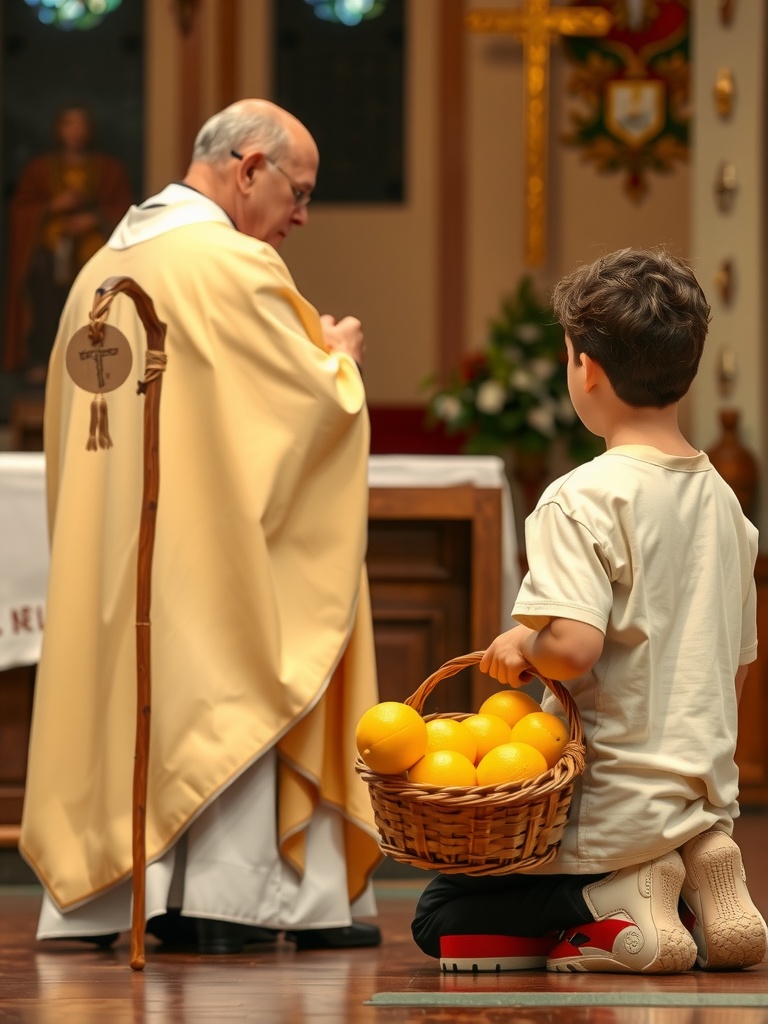 The image features a young boy kneeling in a church and offering a basket of oranges to a priest dressed in a cream-colored robe. The scene is set indoors, likely during a religious ceremony, with a cross and religious symbols visible in the background. The atmosphere is serene and reverent, highlighting themes of innocence and faith.