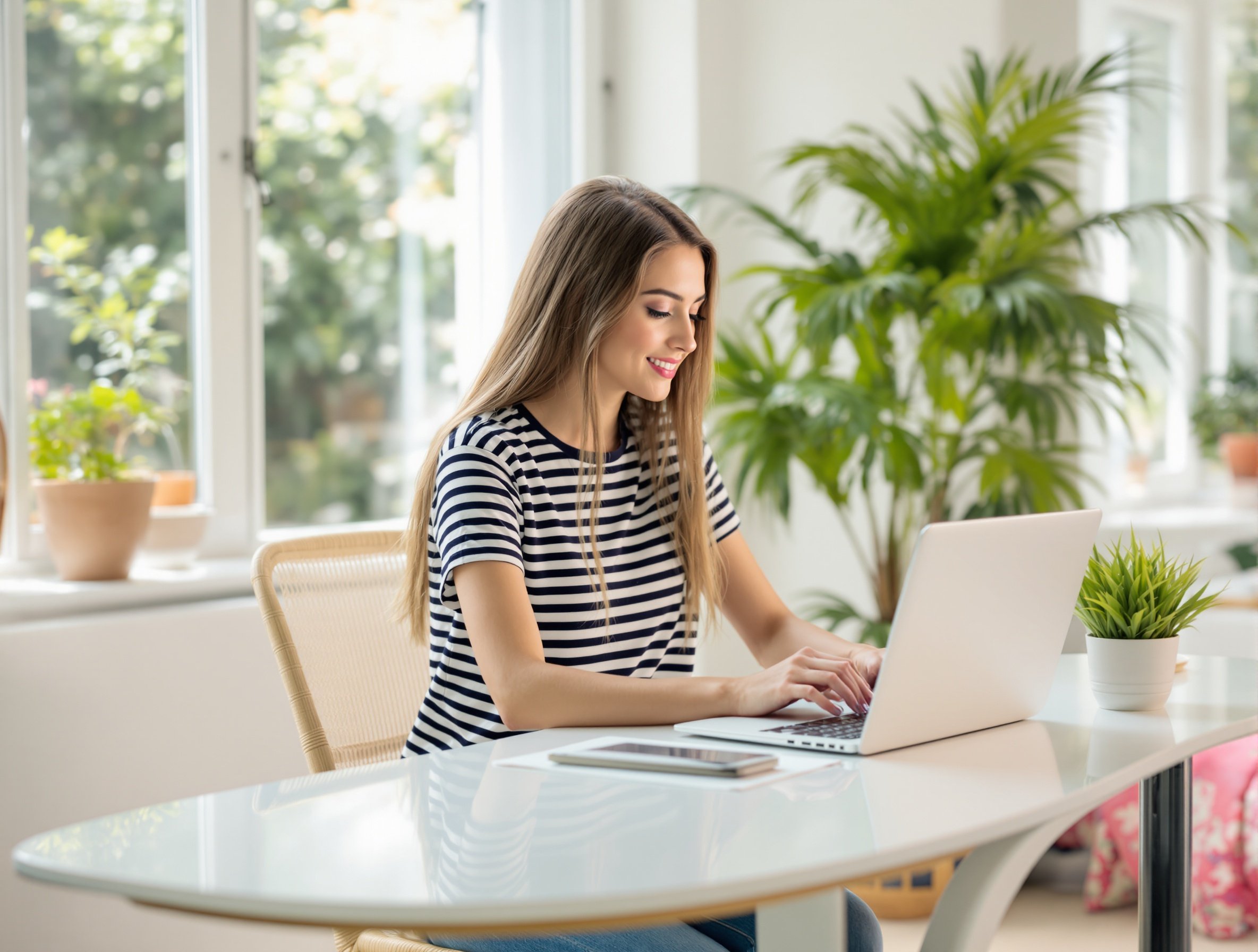 A young woman is seated at a modern desk. She wears a striped t-shirt. Long straight hair is visible. An open laptop is in front of her. She appears focused on work. Large windows provide natural light. The room has minimalistic decor and greenery. The ambiance is inviting.