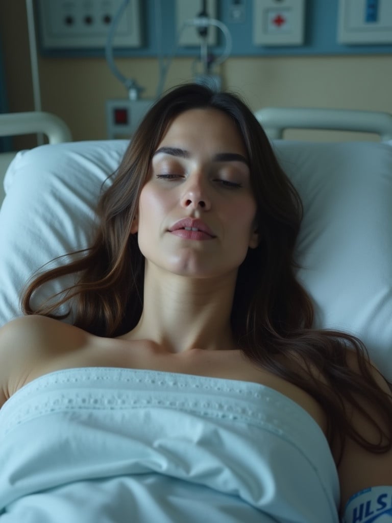 A woman lies in a hospital bed appearing peaceful despite her situation. She has long brunette hair and fair skin. The room is softly lit creating a tranquil atmosphere. She is in an ICU setting indicating serious medical attention. The focus is on her face evoking feelings of compassion and concern.