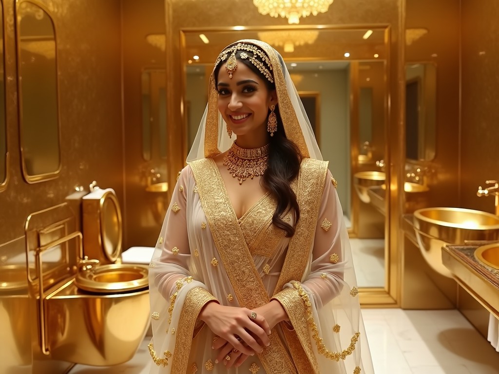 This image features a beautifully dressed bride standing in an opulent gold-themed interior. She wears a stunning traditional outfit adorned with intricate embroidery and a long veil. The luxurious bathroom reflects warm golden tones, enhancing the overall grandeur of the scene. The bride's joyful expression and elegant jewelry capture the essence of bridal beauty. With her poised demeanor, she embodies the spirit of celebration and love in a wedding context.