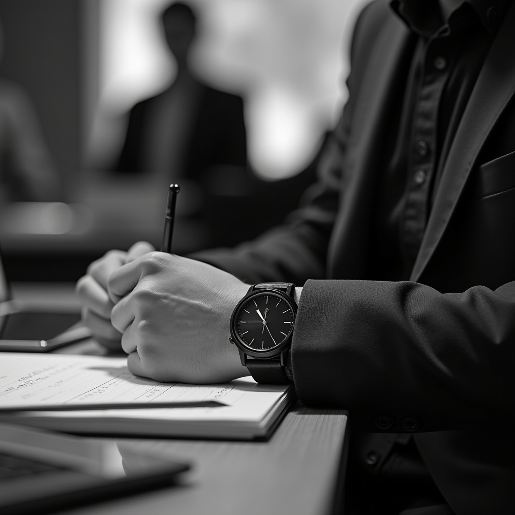 A black and white image of a person in formal attire writing with a pen on a document, highlighting a sleek watch on their wrist.