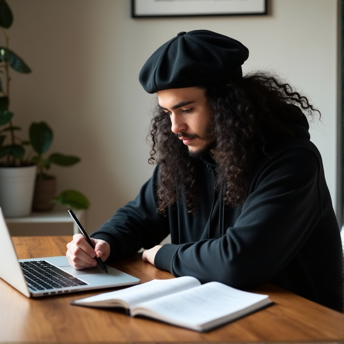 A person with long hair wearing a beret is writing in a notebook while using a laptop at a wooden table.