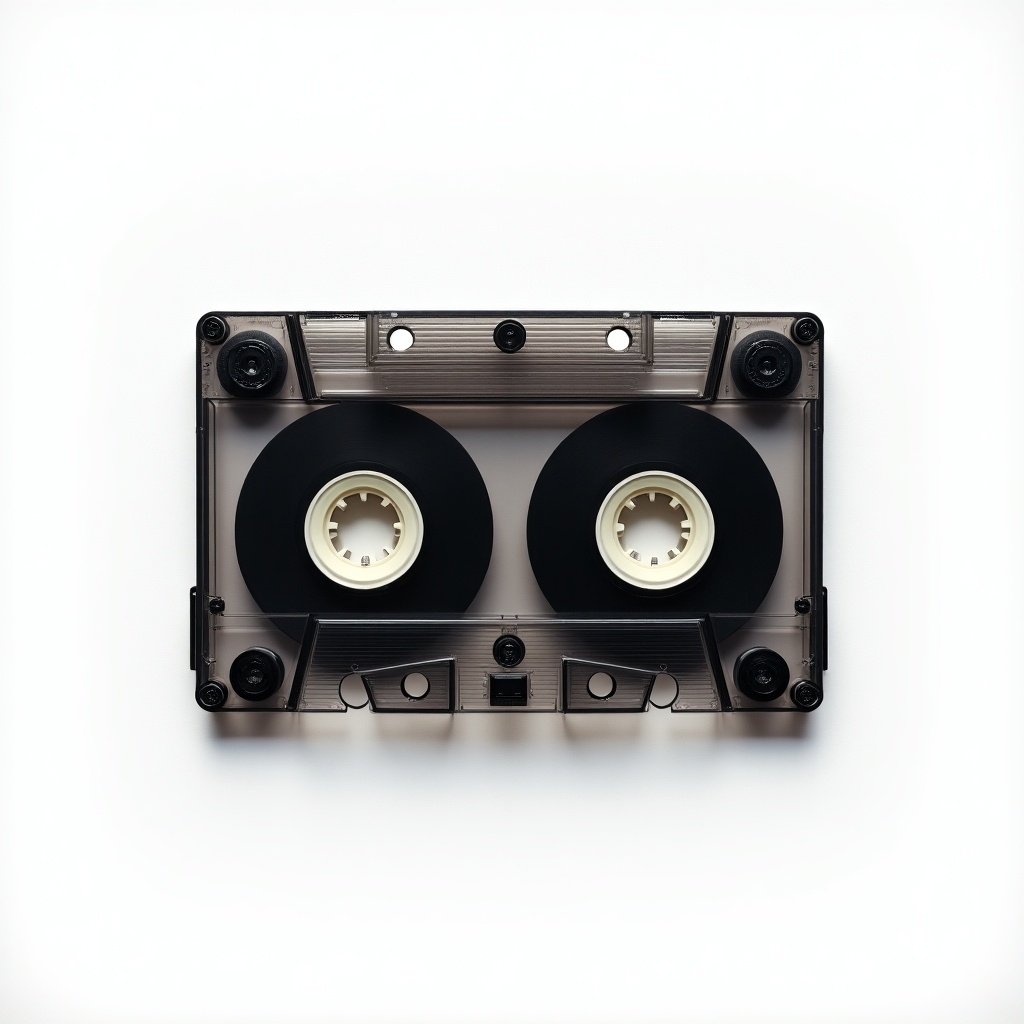 A classic black and transparent cassette tape is placed on a plain white background. The image captures the intricate details of the cassette, especially the reels inside. Its design showcases the nostalgic feel of analog audio technology. The plain background enhances focus on the cassette itself. This image evokes a sense of nostalgia for music lovers and collectors alike.