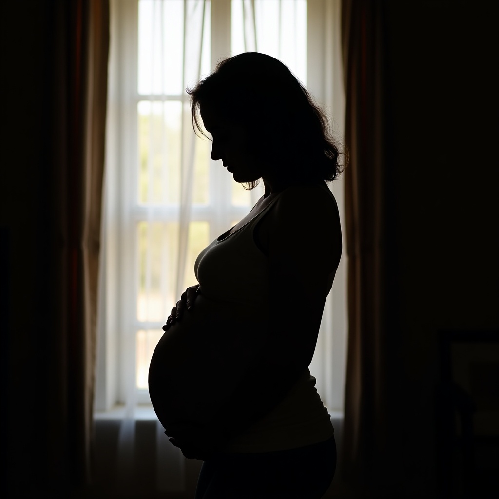 Silhouette of a pregnant woman standing near a window. She is holding her belly. The light is coming through the window, creating a soft glow.