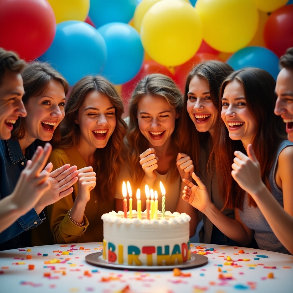 Lively birthday party scene with young adults around a decorated cake with candles. Colorful balloons in the background. Everyone smiling and cheering. Casual dress in a fun environment with confetti and party elements scattered on the table.