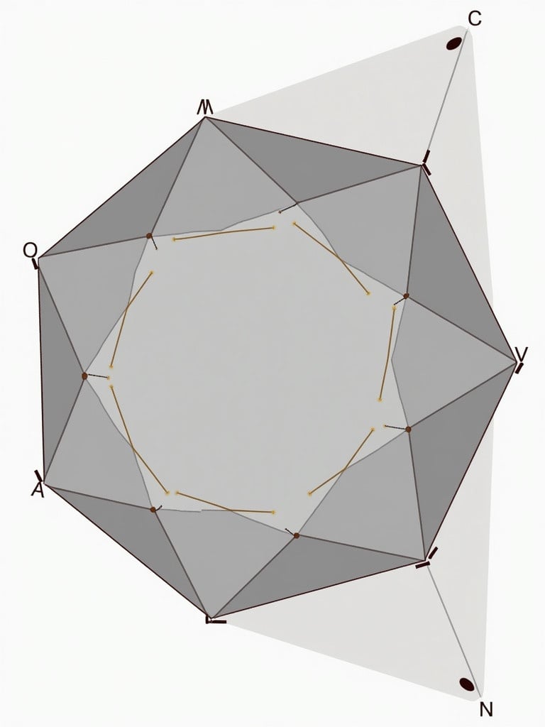 A geometric illustration of a regular hexagon with points labeled A B C D E F. External points are marked as C and N. Connecting lines from the vertexes to points on the outside show relationships. The overall presentation is clear and educational.