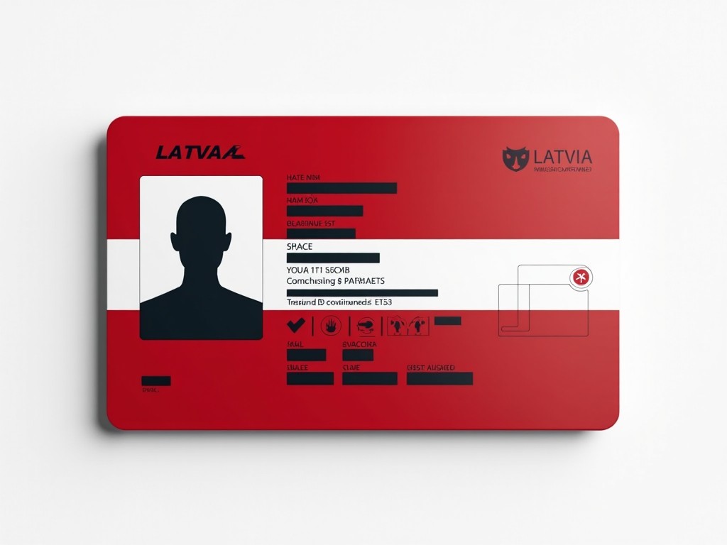 This image presents a realistic representation of a Latvian ID card. The card features the colors of the Latvian flag, predominantly red and white. It includes various fields for personal information, including a space for a photo, a unique identification number, and other relevant details. The design mimics official ID cards used in Latvia, making it suitable for illustrative purposes. The sleek, modern layout emphasizes clarity and functionality.