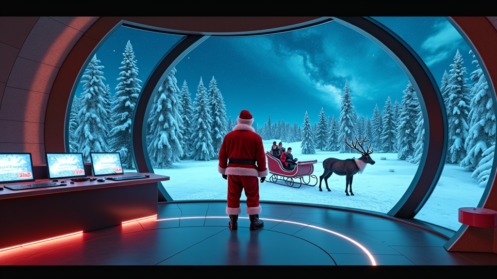 Santa Claus stands in a high-tech room with holographic displays. Snowy woods and starry sky visible through the window. Sleigh parked outside with reindeer. Glowing models and festive messages illuminate the scene.