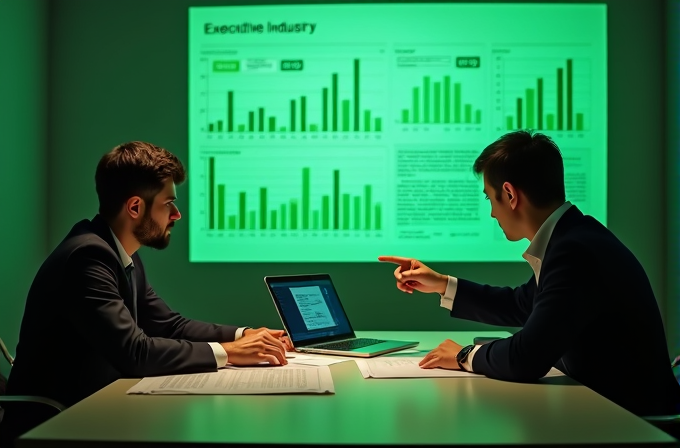 Two men in a dark room are intently discussing data with bar graphs projected on the wall.