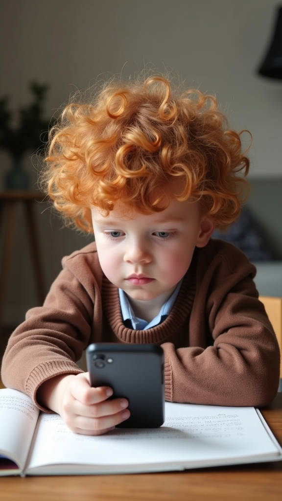 A young child with curly red hair intently looks at a smartphone over an open book on a wooden table.