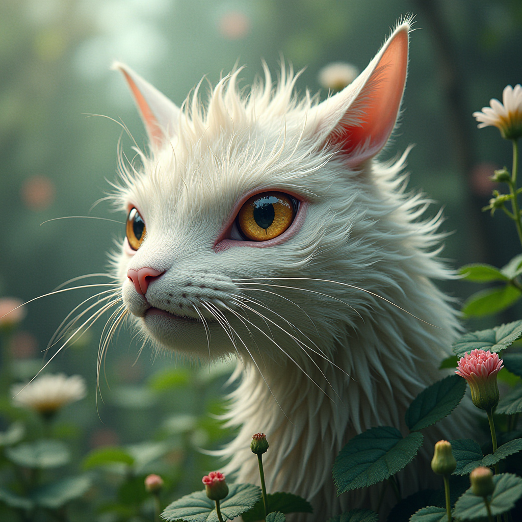 A lifelike, fantastical white cat with striking eyes amidst lush foliage and flowers.