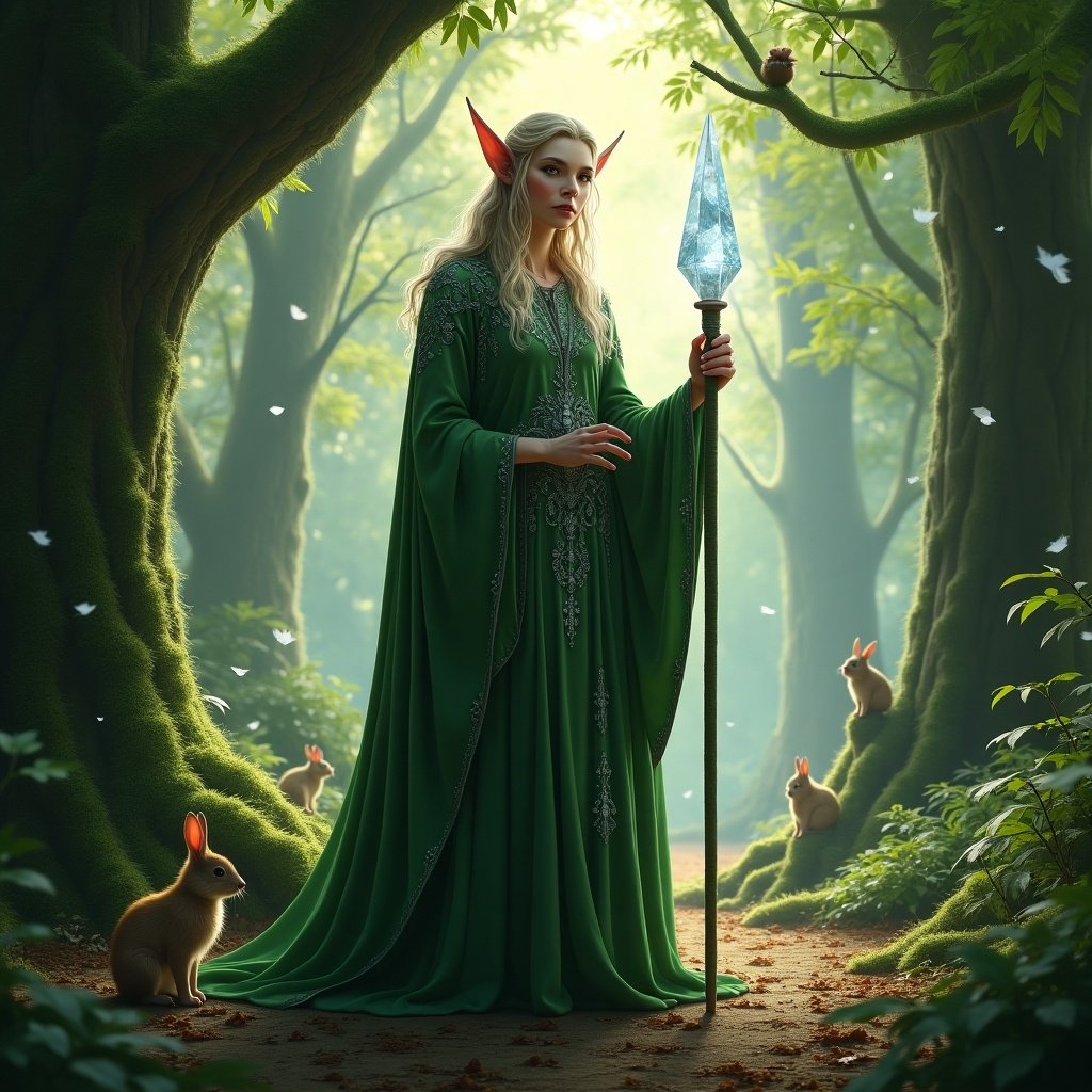 Elf in a magical forest. Dressed in a green gown. Holding a crystal staff. Surrounded by animals like rabbits. Trees in the background.