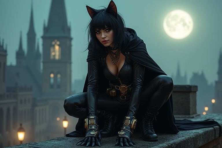 A steampunk cat burglar crouches on a gothic rooftop under the full moon. She has short black hair styled elegantly and piercing eyes. A black leather catsuit with steampunk elements adorns her. Mechanical gauntlets and a utility belt filled with gadgets are visible. A dark cape enhances her aura. She prepares to leap into action. The background features a foggy Victorian cityscape with gothic cathedrals and dim gas lamps.