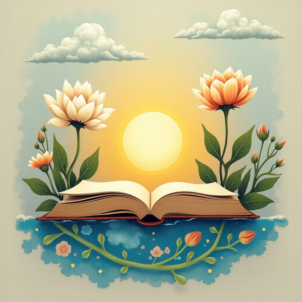 An illustrated scene featuring an open book with blossoming flowers around it and a bright sun rising in the background. The atmosphere conveys themes of knowledge, beauty, and serenity.