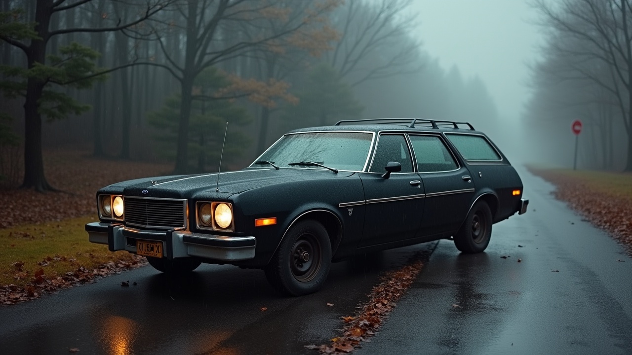 The image features an old, worn-out matte black Ford Gran Torino wagon from 1975, captured in a deep foggy forest during fall. The rainy weather adds to the somber mood of the scene. With leaves scattered on the ground, the car is parked near a wet road that reflects the surrounding trees. The image is taken from the side, showcasing the unique design of the wagon. Mist envelops the background, enhancing the vintage aesthetic and creating a sense of nostalgia.