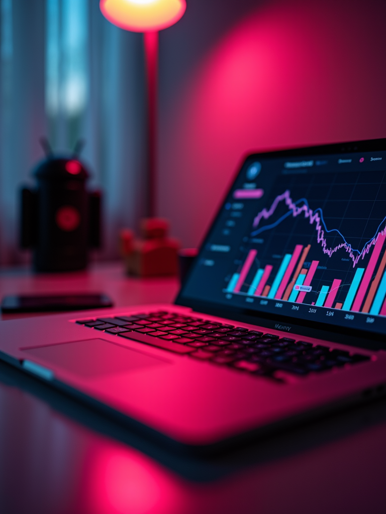 A laptop displaying colorful financial charts sits on a desk bathed in pink and blue light.