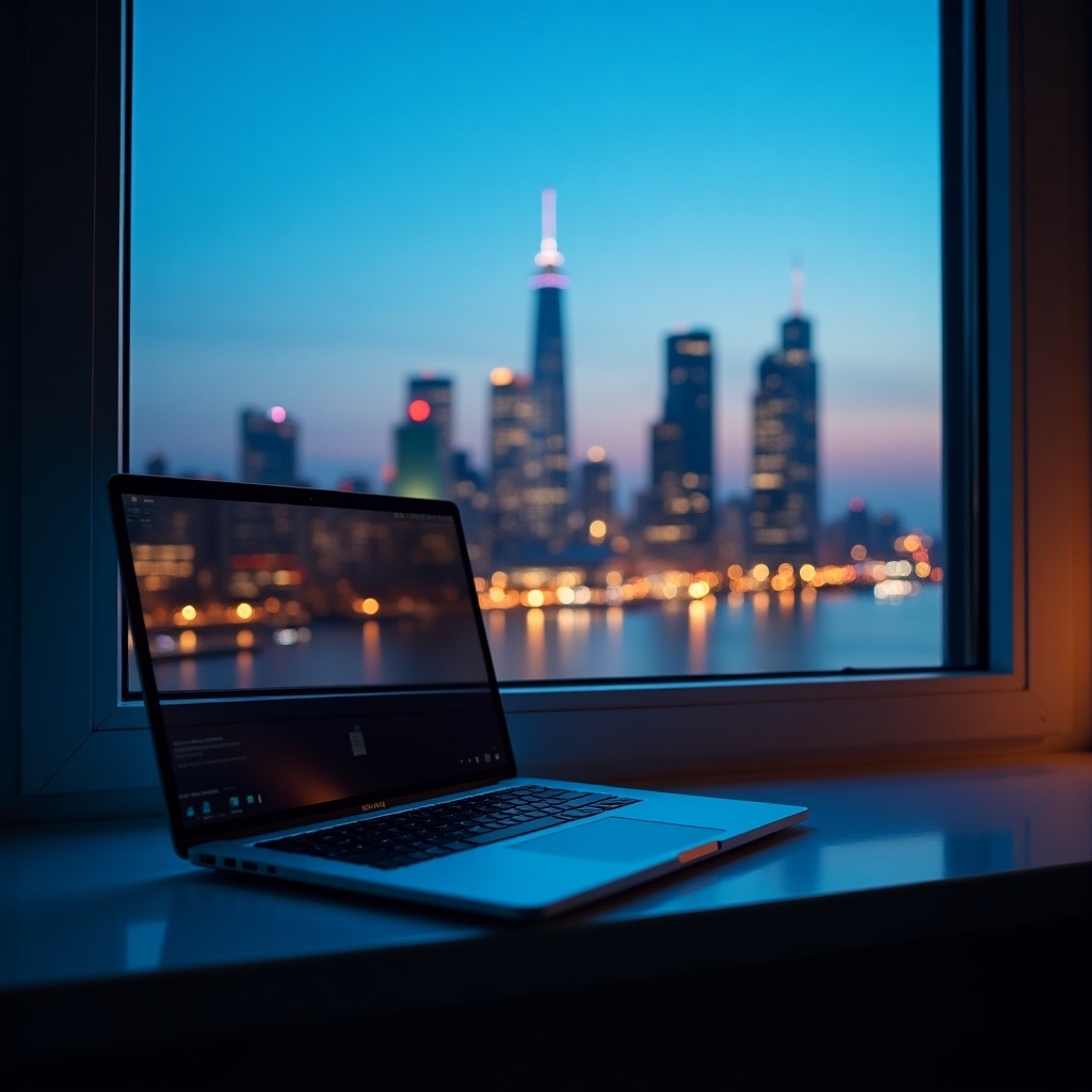 A laptop rests on a windowsill. The background features a beautiful city skyline at dusk. The scene is illuminated with city lights. The perspective captures the mix of technology and urban life.